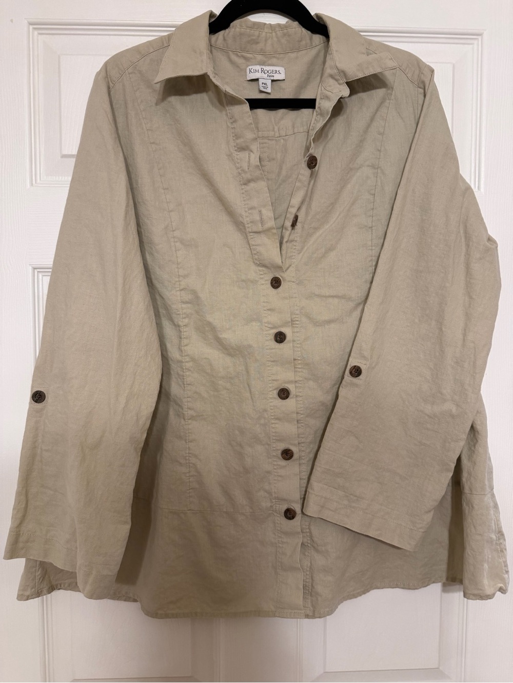Kim Rogers Neutral Beige Linen-Blend Button Front Top